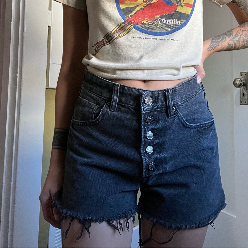 Black High Waisted Denim Button Front Shorts